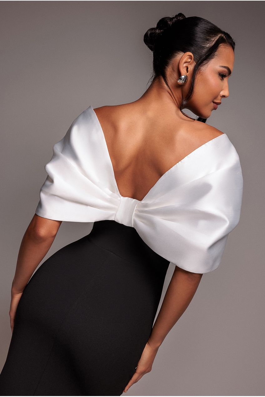 Goddiva Contrast Off Shoulder Back Satin Bow Scuba Maxi Dress