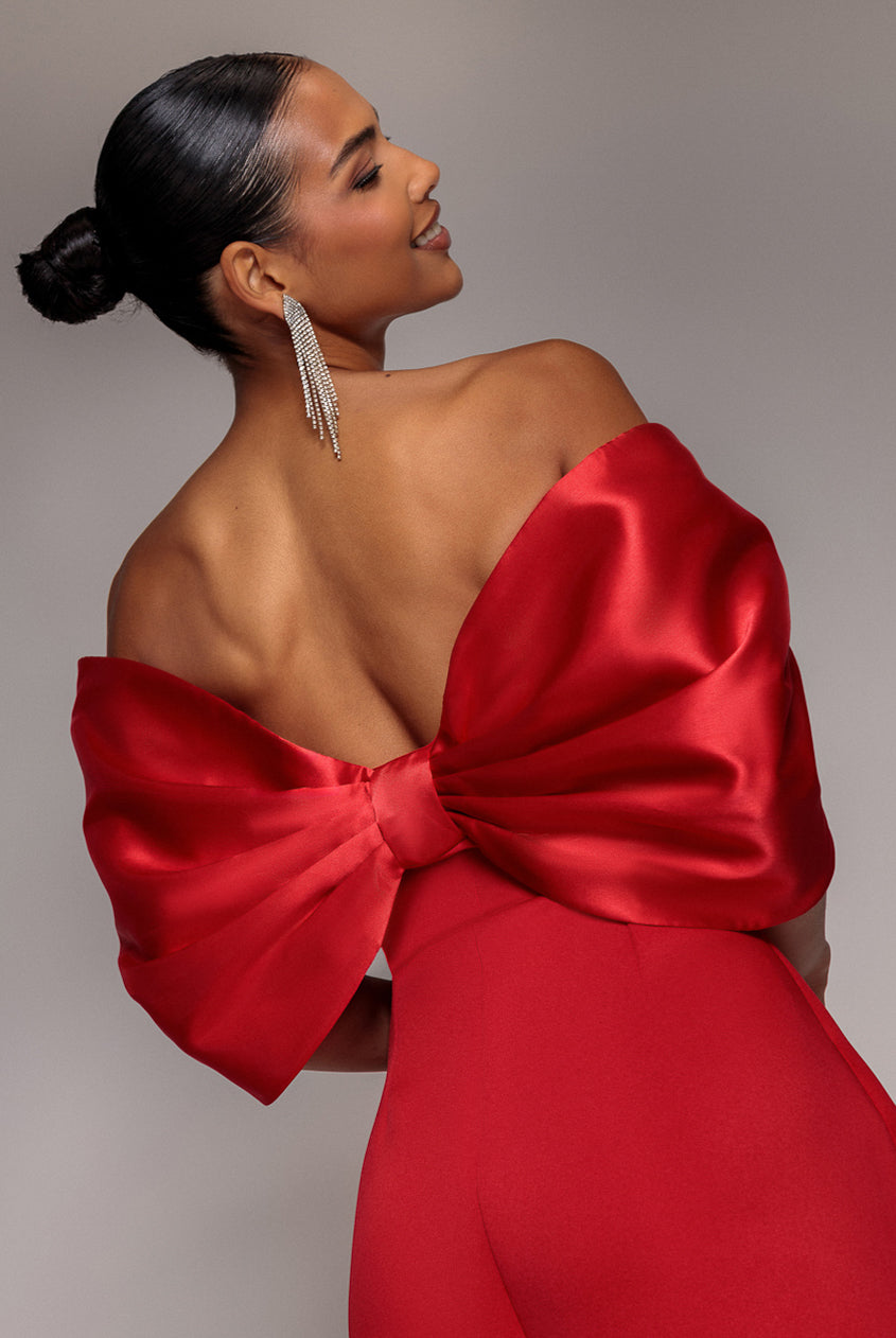 Goddiva Off Shoulder Back Satin Bow Scuba Mini Dress