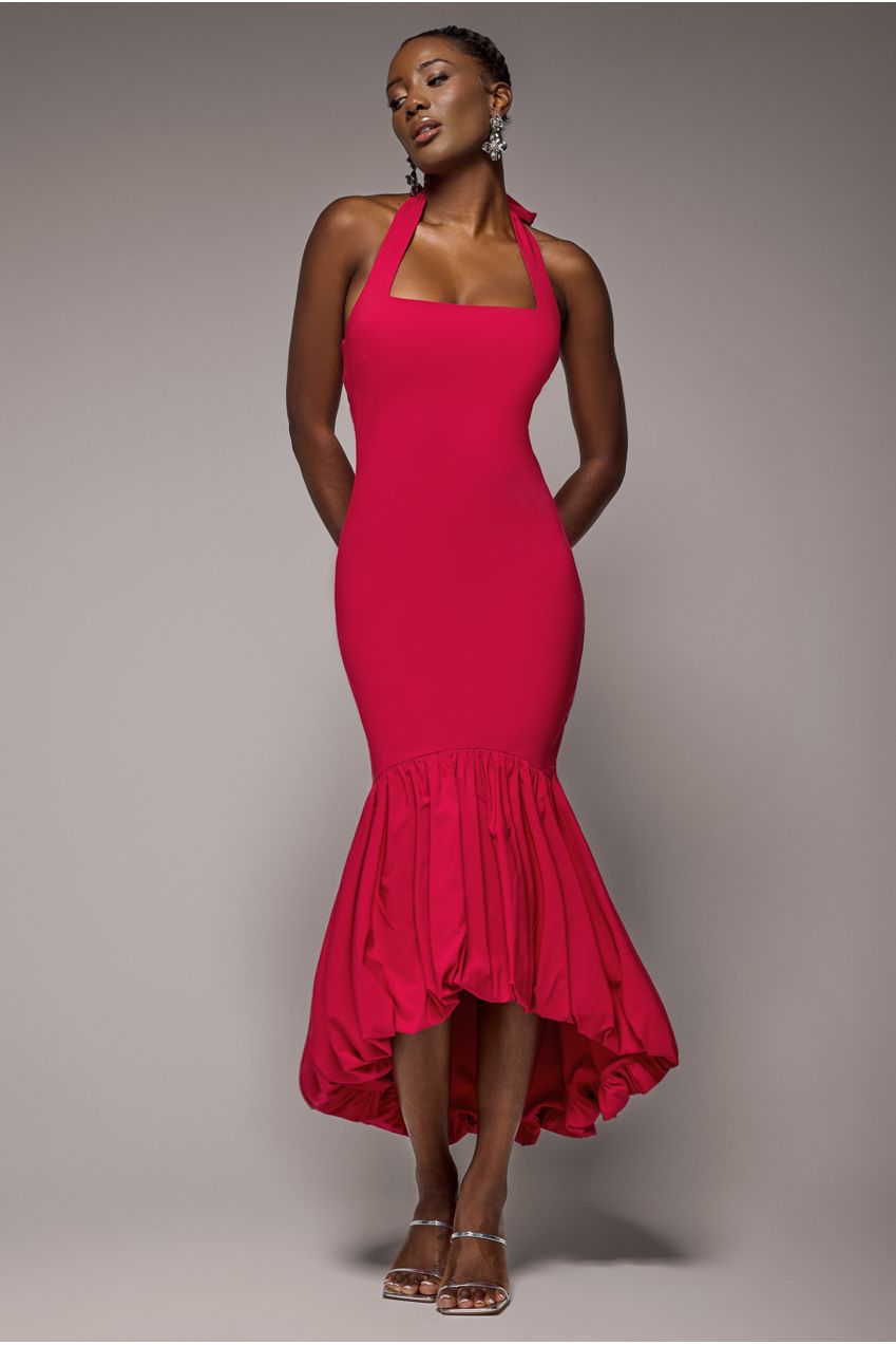 Goddiva Halter Neck Puff Hem Mermaid Midaxi Dress