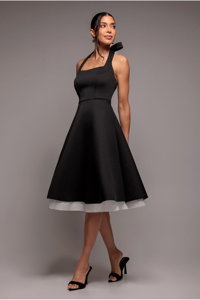 Goddiva Contrast Organza Frill Bow Back Halter Midi Dress