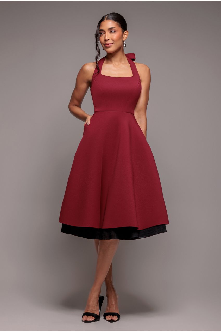 Goddiva Contrast Organza Frill Bow Back Halter Midi Dress