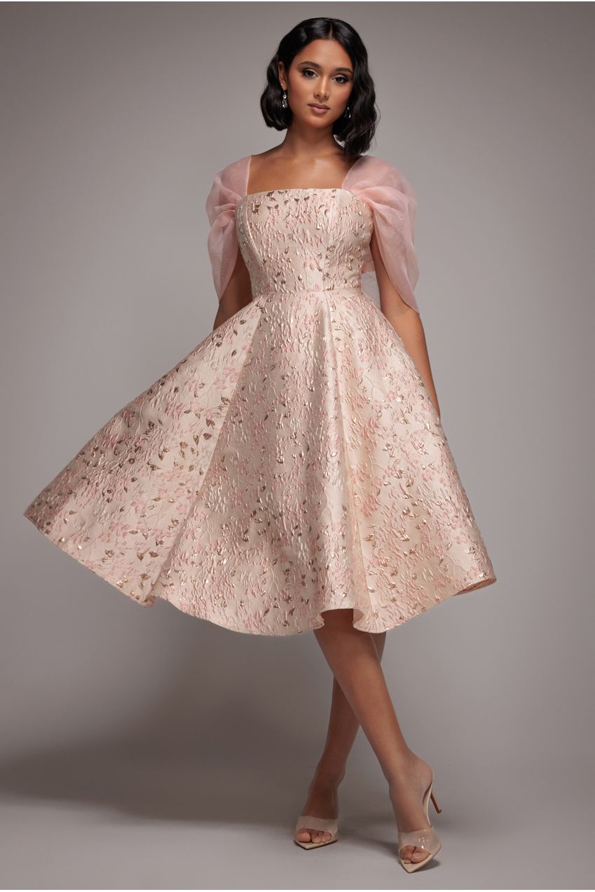 Goddiva Lace Up Jacquard Midi Dress With Organza Wings