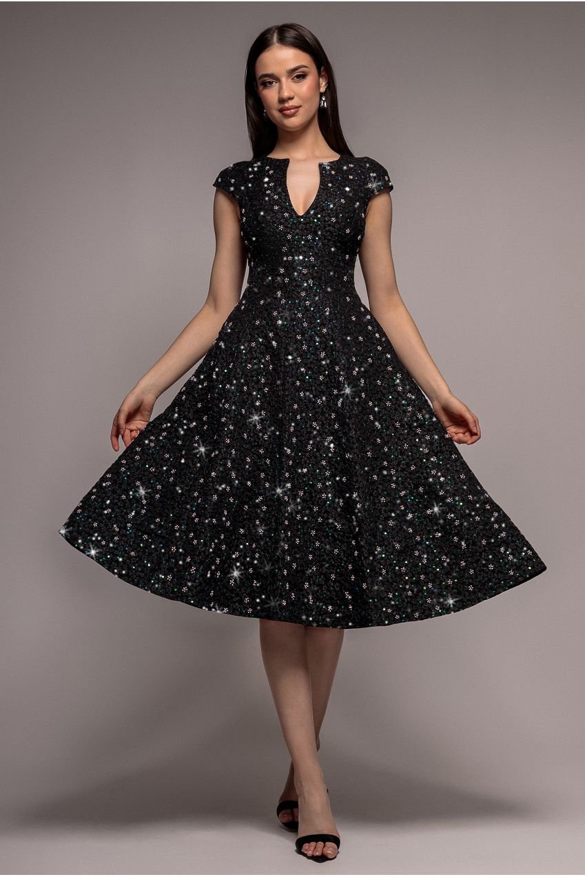 Goddiva Bead Embellished Jacquard A Line Midi Dress
