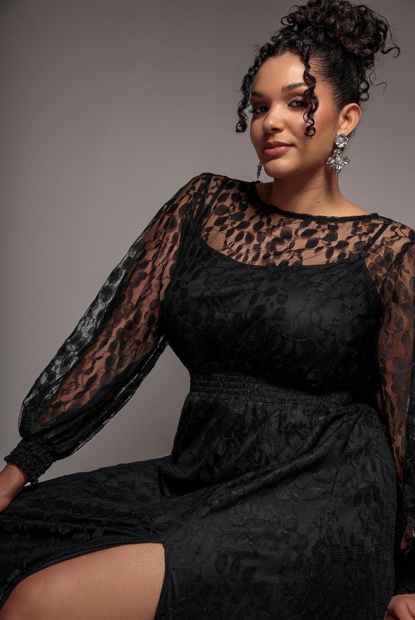 Goddiva Plus Lace Long Sleeve Shirred Waist Maxi Dress