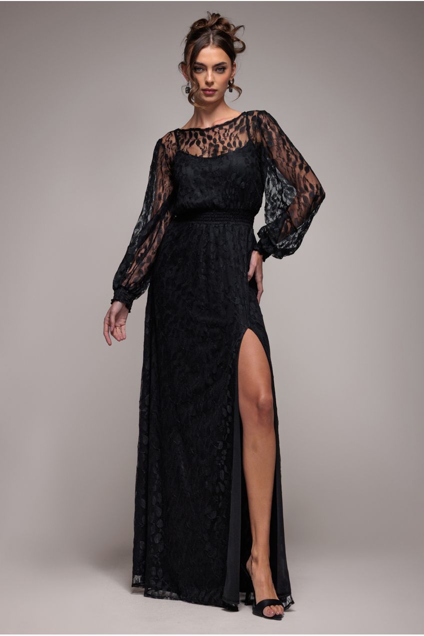 Goddiva Lace Long Sleeve Shirred Waist Maxi Dress