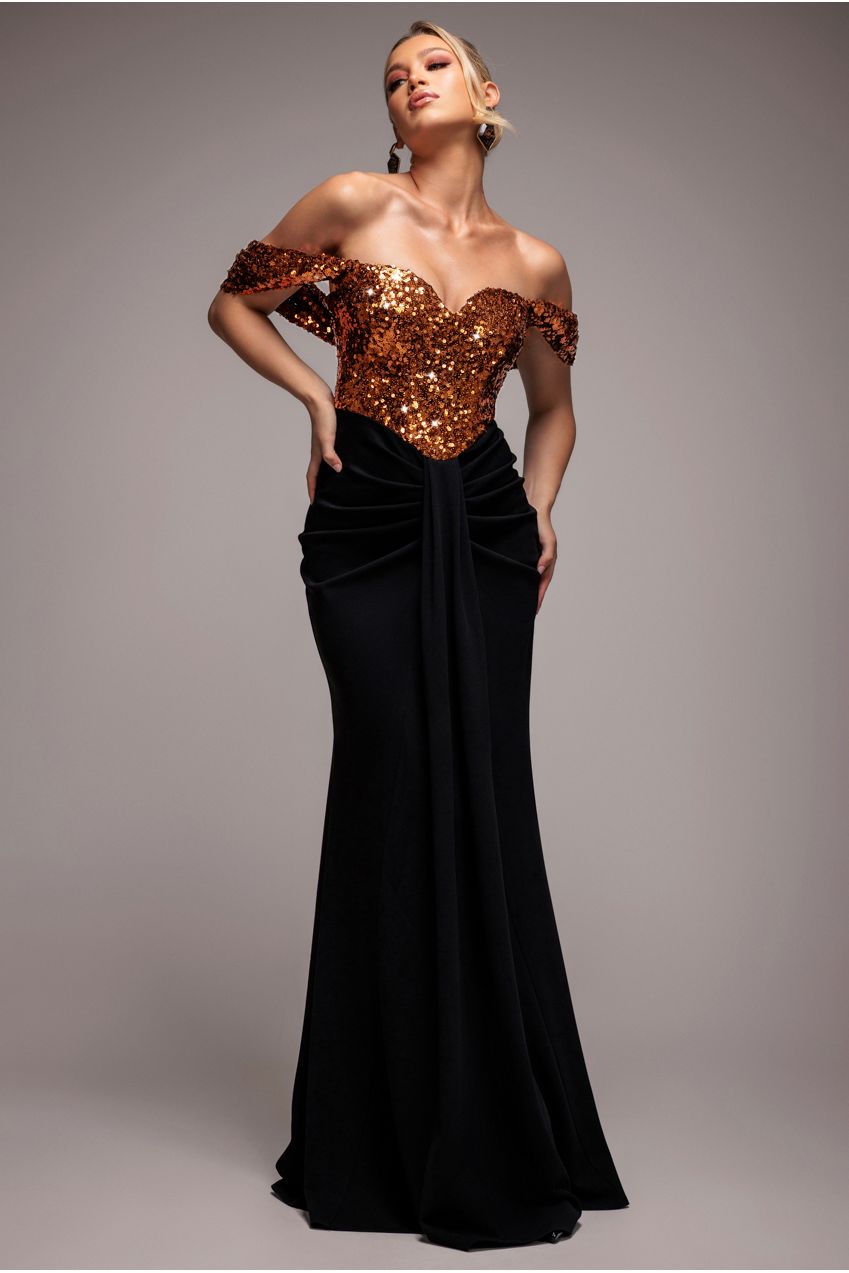 Goddiva Corset Sequin Wing Bodice Scuba Skirt Maxi Dress