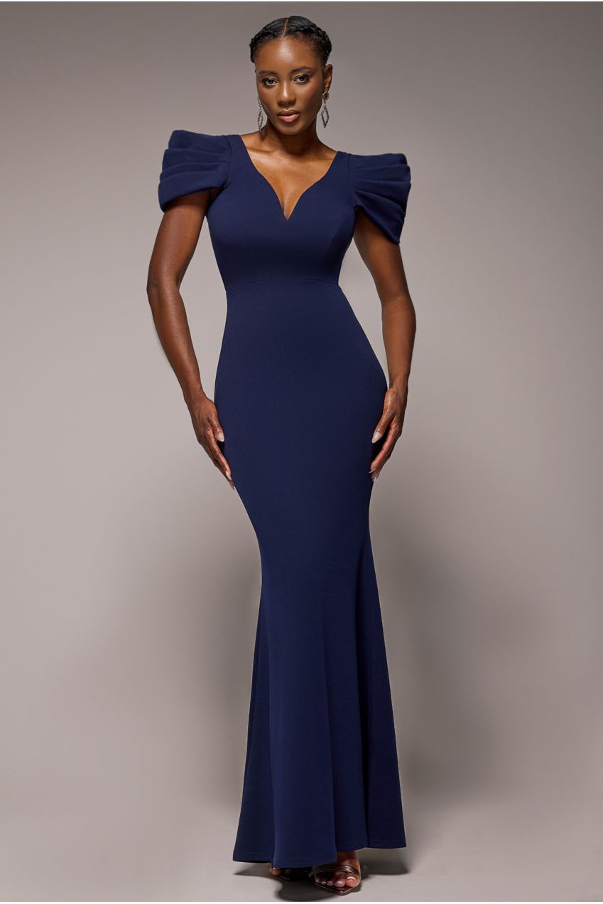 Goddiva Plunging Neck Pleated Sleeves Scuba Maxi Dress