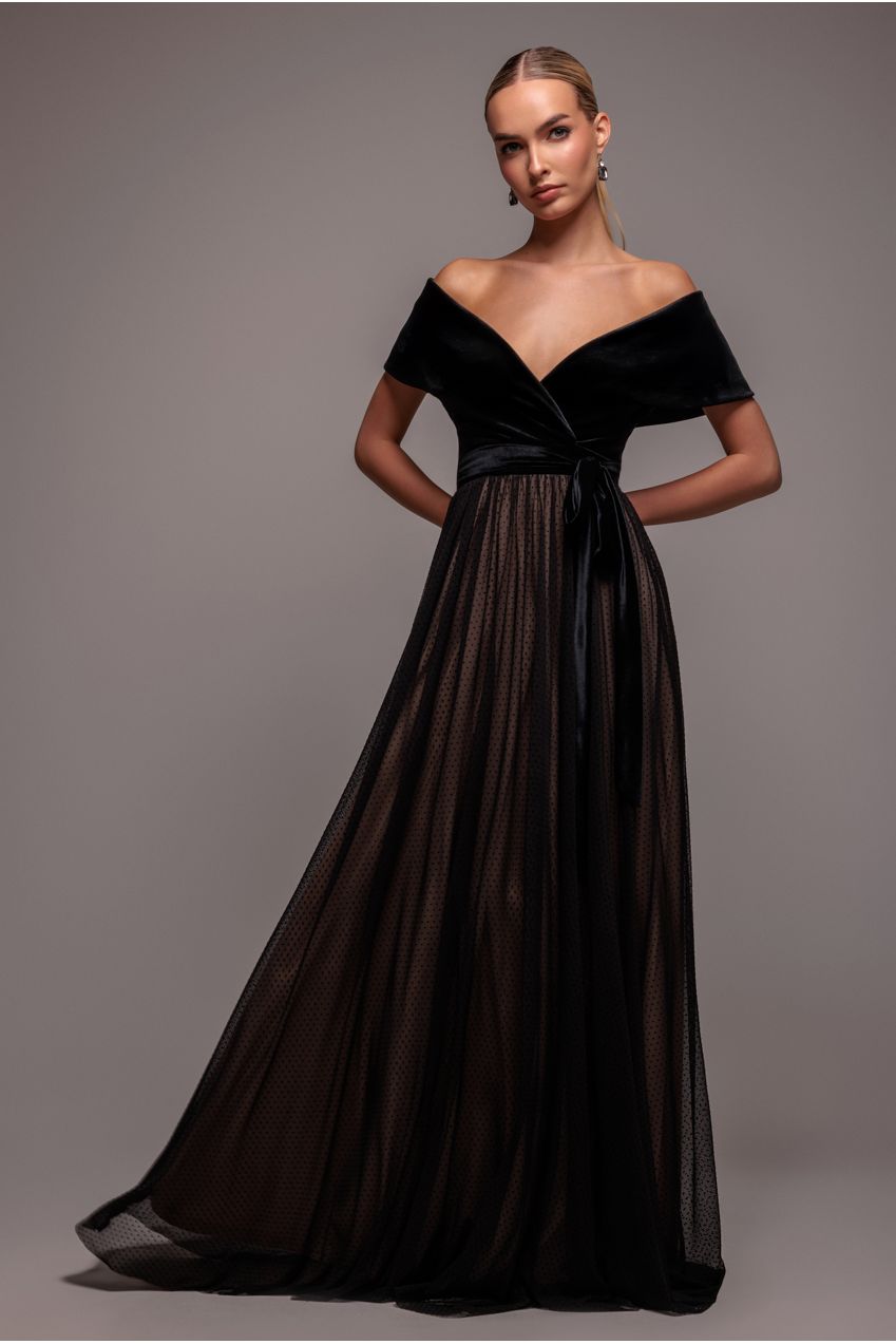 Goddiva Velvet Bardot Dobby Mesh A Line Maxi Dress