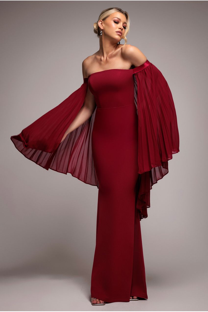 Goddiva Strapless Maxi Dress With Pleated Chiffon Cape