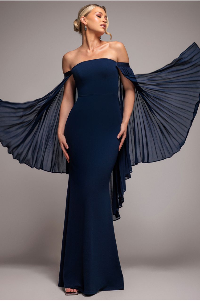 Goddiva Strapless Maxi Dress With Pleated Chiffon Cape