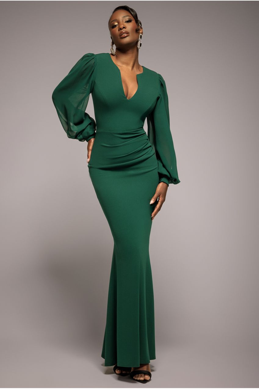 Goddiva Chiffon Cuffed Balloon Sleeve Scuba Maxi Dress