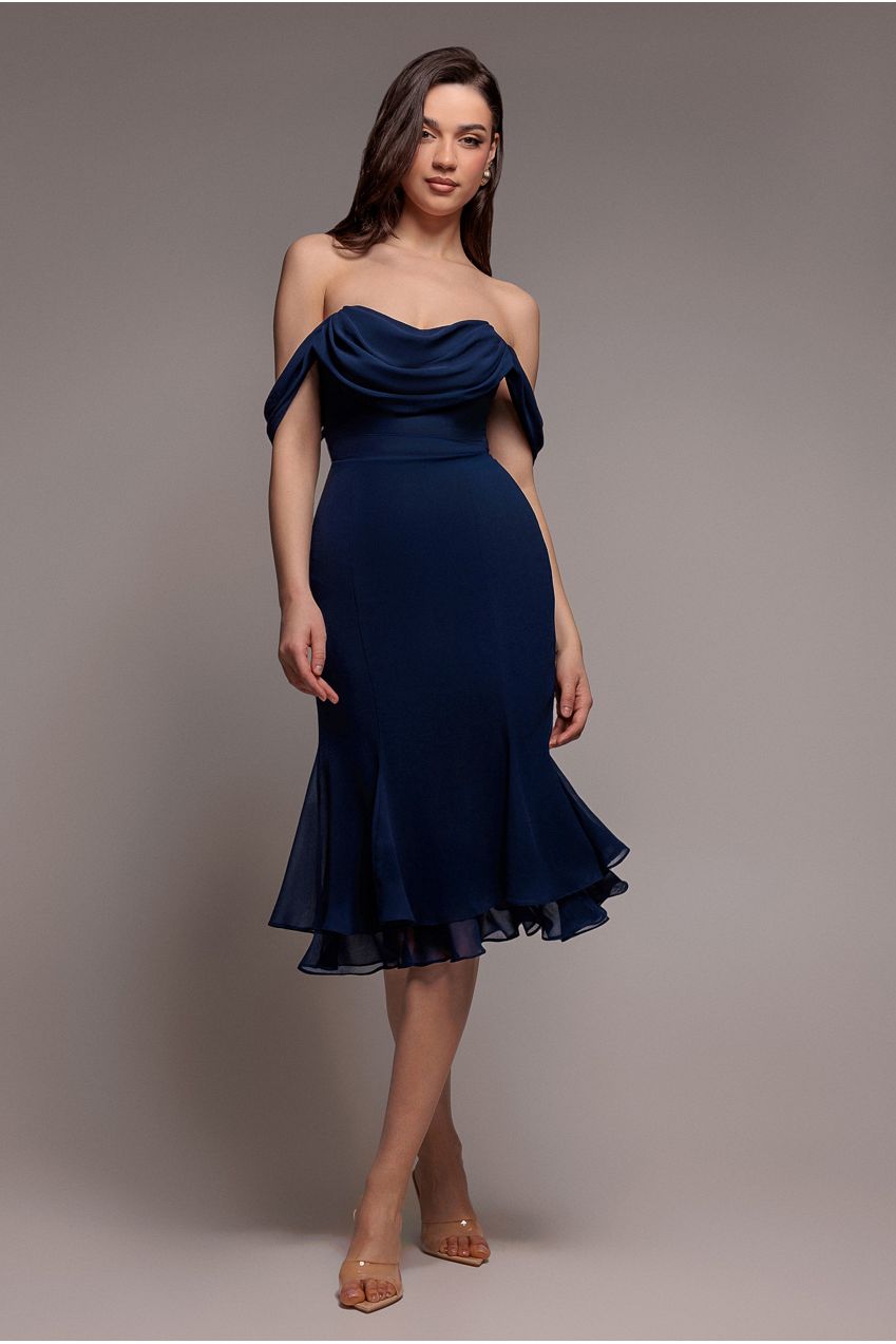 Goddiva Chiffon Cowl Off Shoulder Wing Tiered Midi Dress