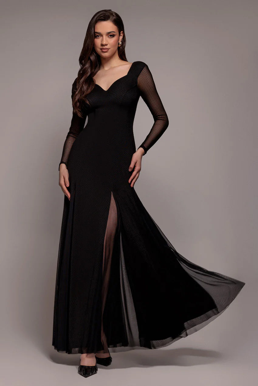 Goddiva Dobby Mesh Insert Long Sleeve A-Line Maxi Dress
