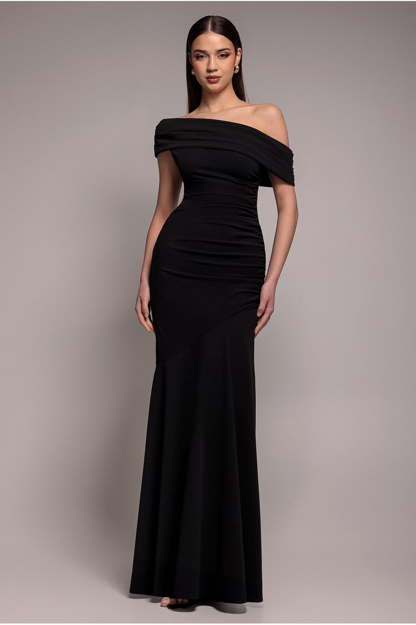 Goddiva Pleated One Shoulder Bardot Fit And Flare Maxi Dress
