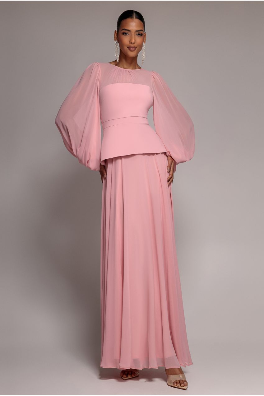 Goddiva Bishop Sleeve Peplum Top Scuba Crepe And Chiffon Maxi Dress