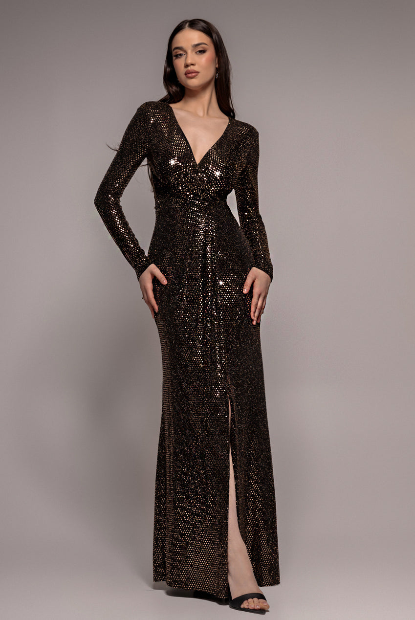 Goddiva Glitter Lurex Long Sleeve Wrap Maxi Dress