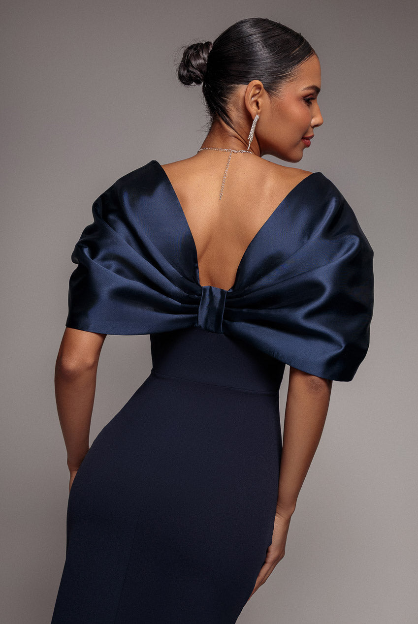 Goddiva Off Shoulder Back Satin Bow Wrap Crepe Midi Dress