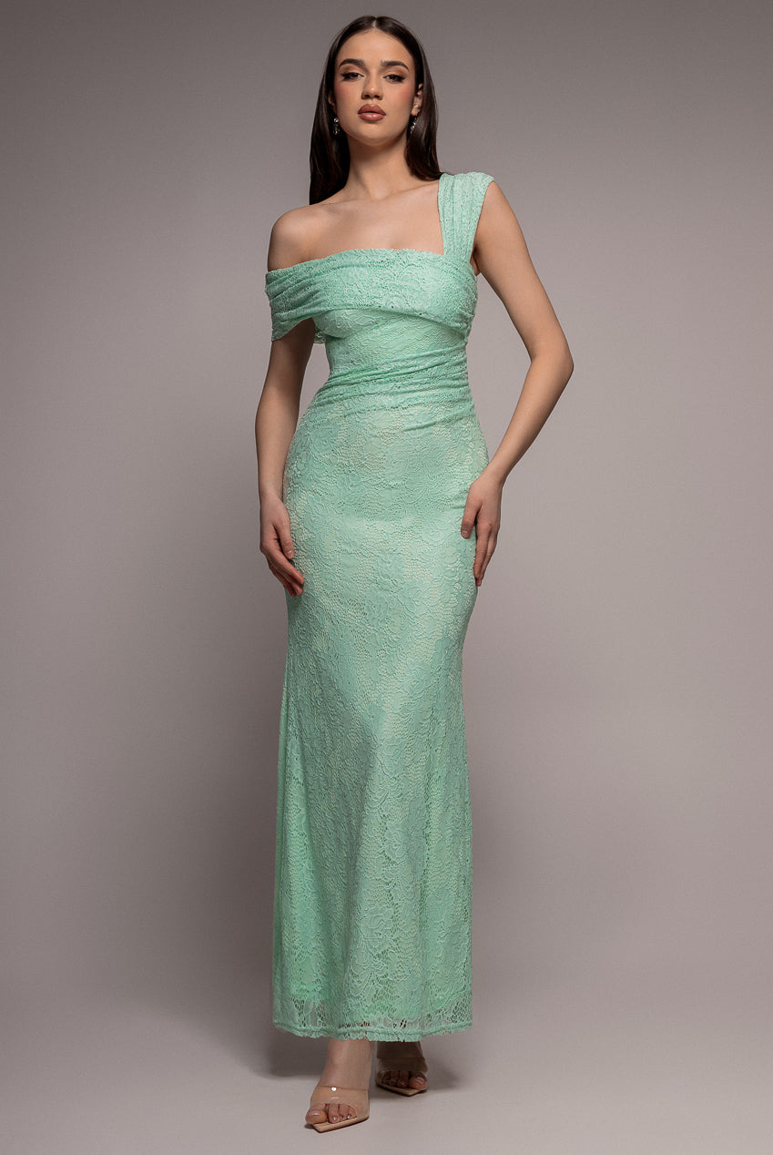 Goddiva One Shoulder Pleated Bardot Lace Maxi Dress