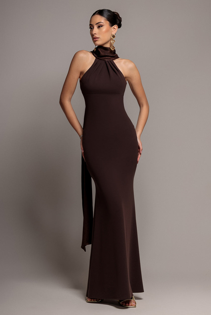 Goddiva Scuba & Velvet Satin Halterneck Maxi Dress With Back Sash