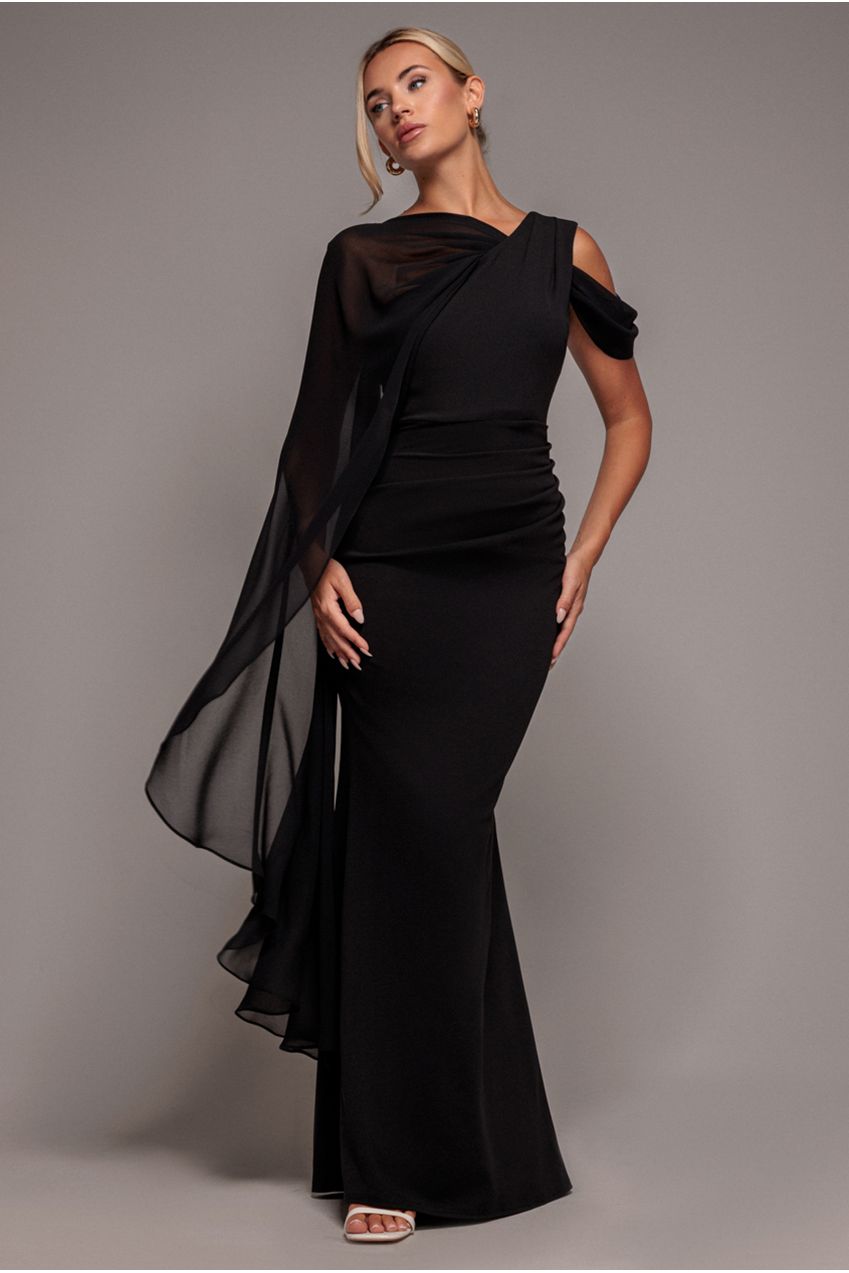 Goddiva One Shoulder Chiffon Cape Crepe Maxi Dress