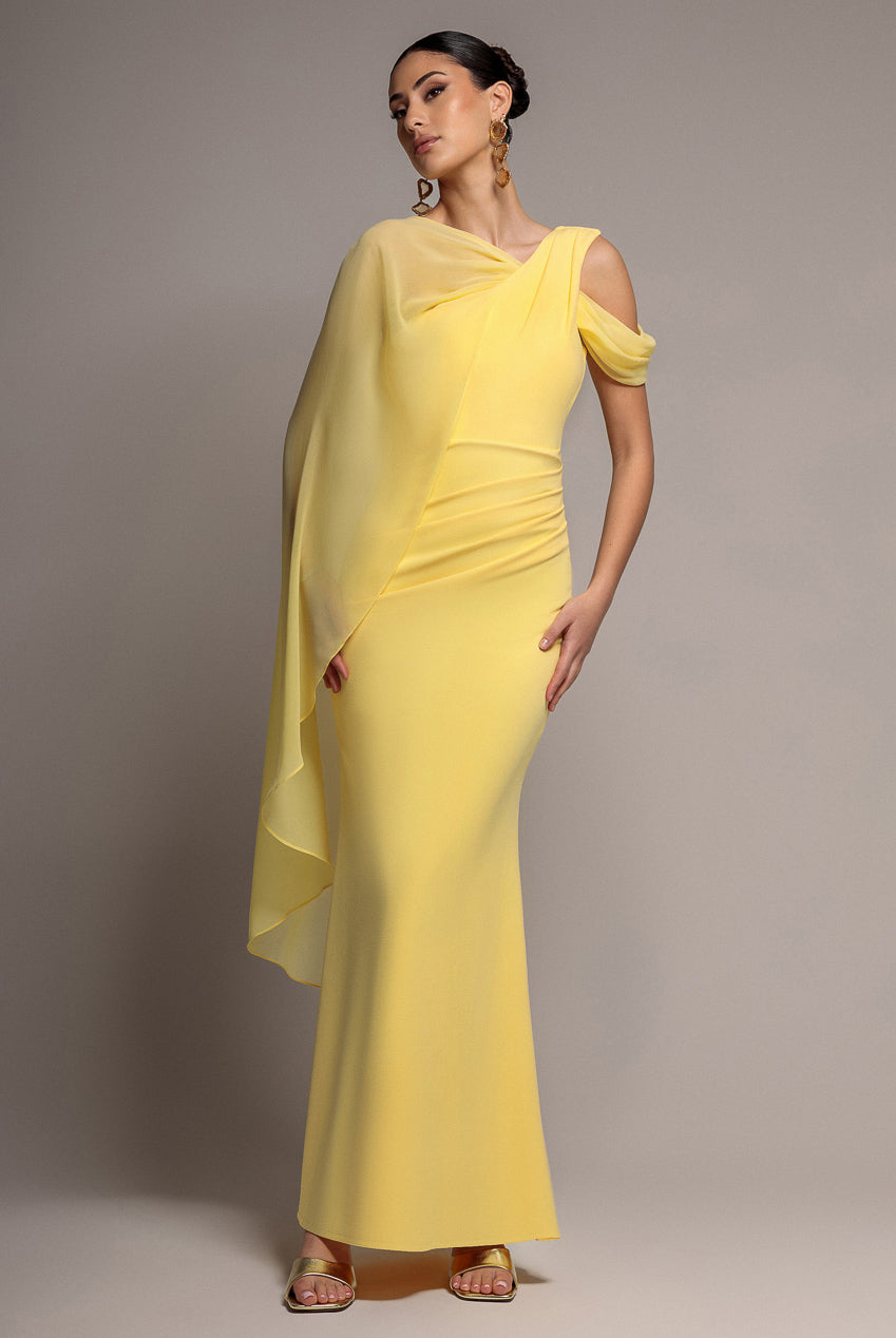 Goddiva One Shoulder Chiffon Cape Crepe Maxi Dress