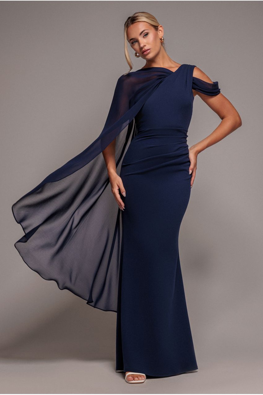 Goddiva One Shoulder Chiffon Cape Crepe Maxi Dress