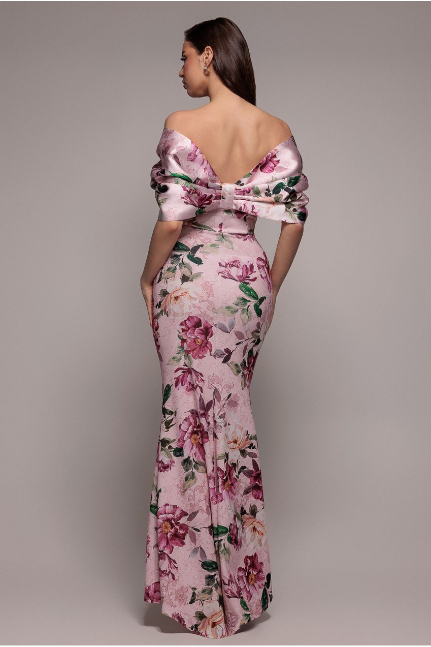 Goddiva Off Shoulder Floral Bow Back Maxi Dress
