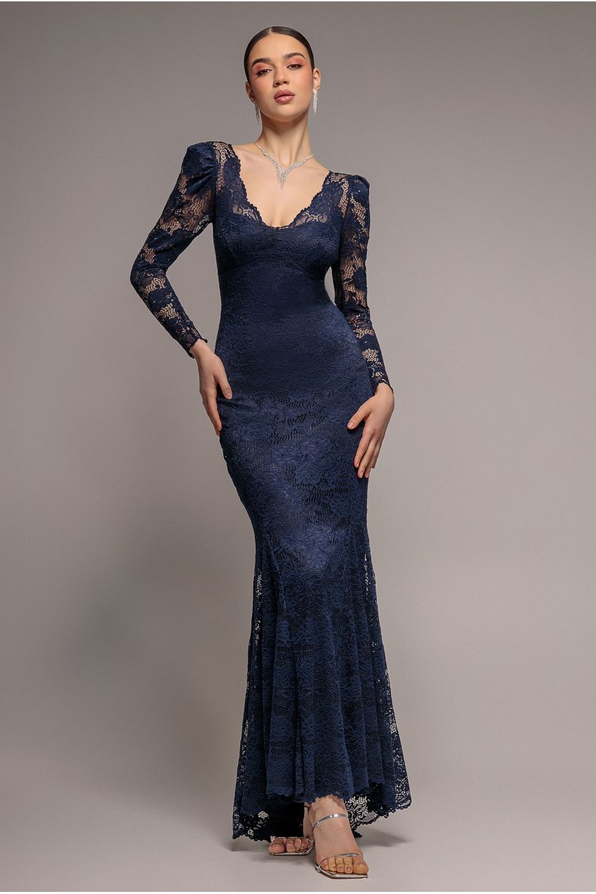 Goddiva Fit & Flare Scallop Lace V Neck Maxi Dress