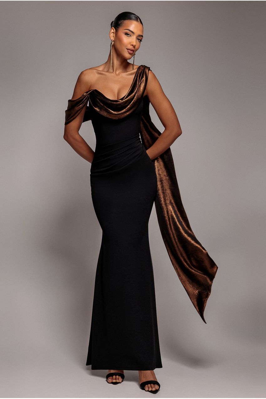 Goddiva Foil Chiffon Cowl One Shoulder Cape Maxi Dress