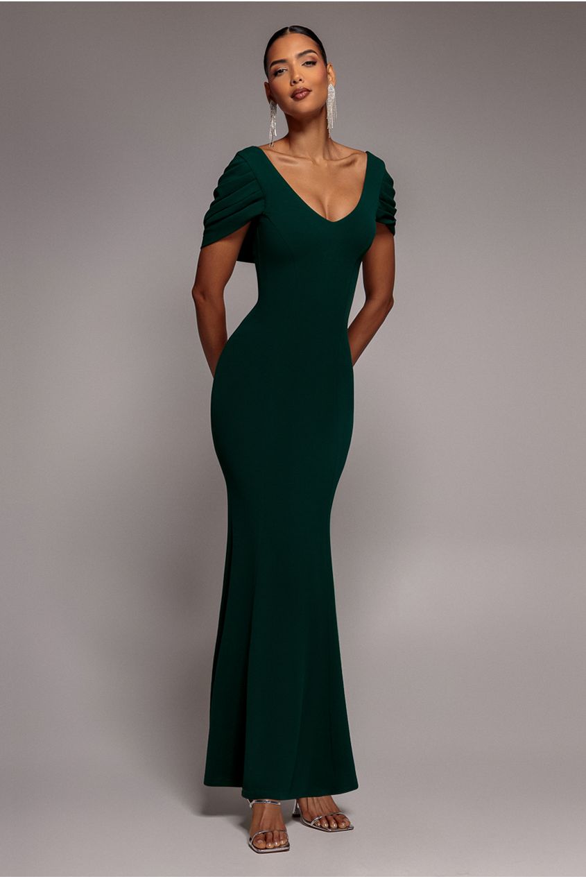 Goddiva V Neck Cowl Back Pleated Sleeve Scuba Maxi Dress