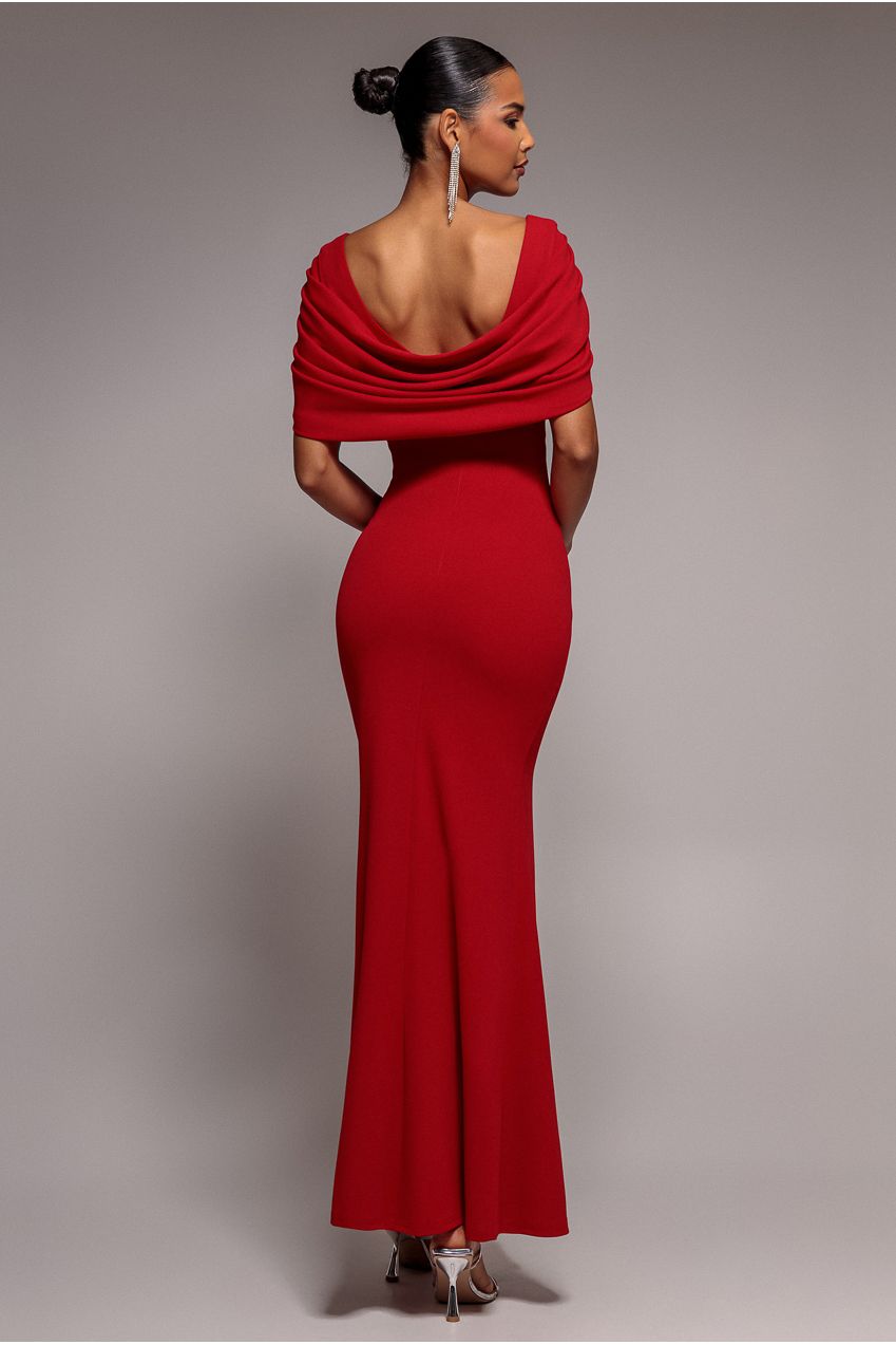 Goddiva V Neck Cowl Back Pleated Sleeve Scuba Maxi Dress