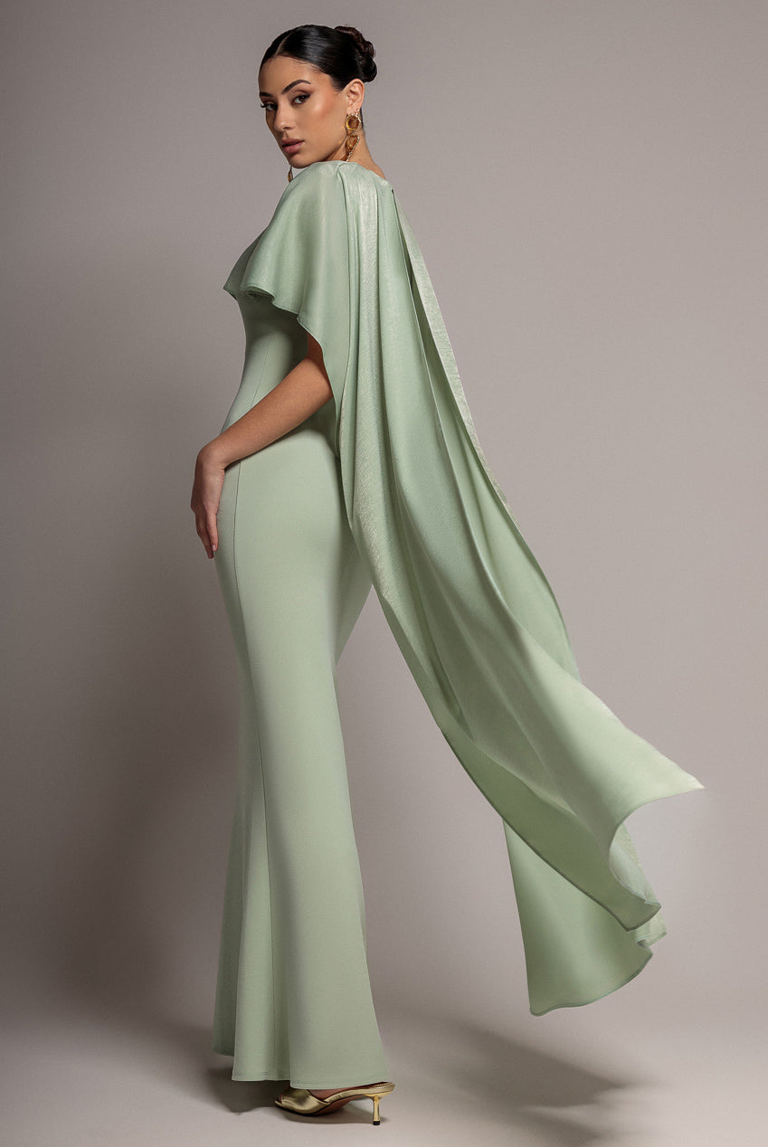 Goddiva Scoop Neck Velvet Satin Cape Sleeve Maxi Dress