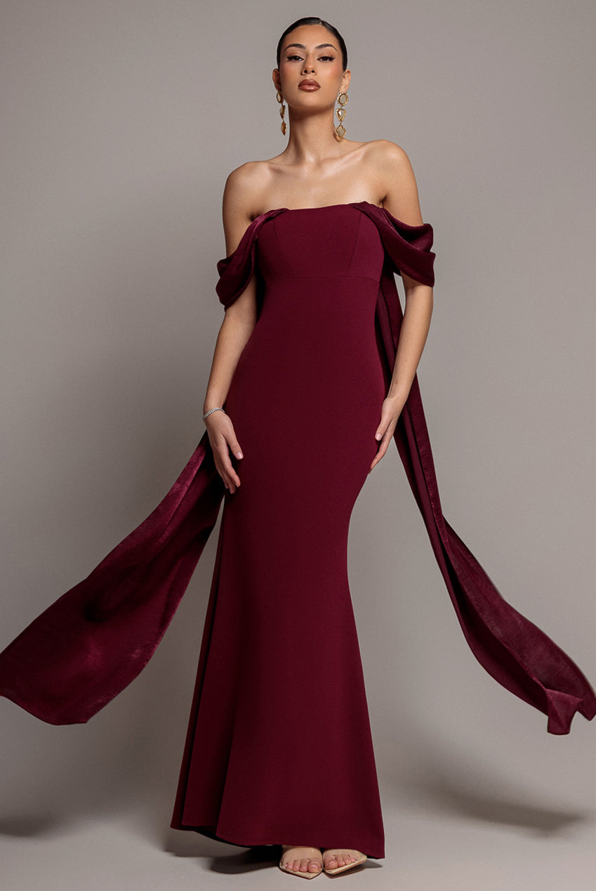 Goddiva Off Shoulder Velvet Satin Wing Cape Maxi Dress