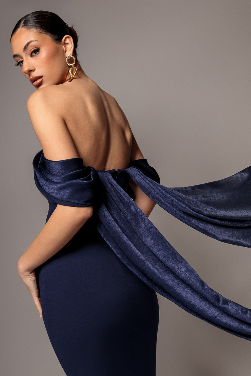 Goddiva Off Shoulder Velvet Satin Wing Cape Maxi Dress