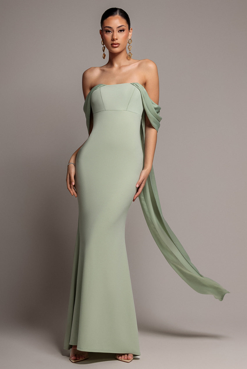 Goddiva Off Shoulder Velvet Satin Wing Cape Maxi Dress
