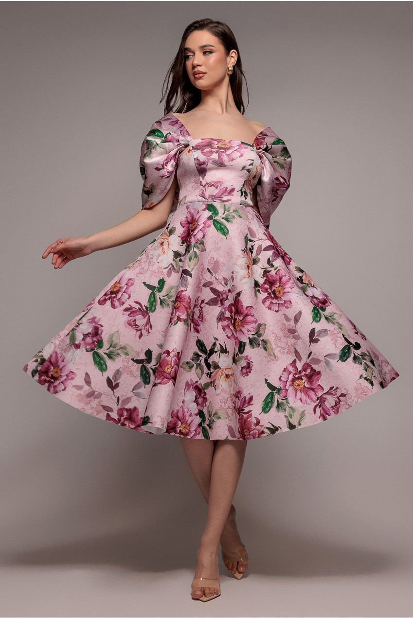 Goddiva Off Shoulder Floral Bow Back A Line Midi Dress