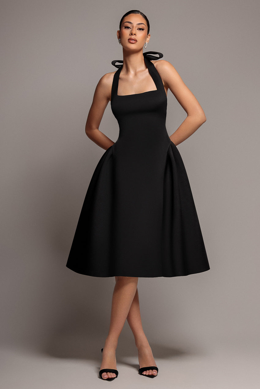 Goddiva Corset Fit And Flare Halter Neck Midi Dress