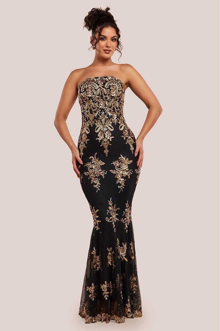 Goddiva Scallop Bandeau Sequin Mesh Maxi Dress