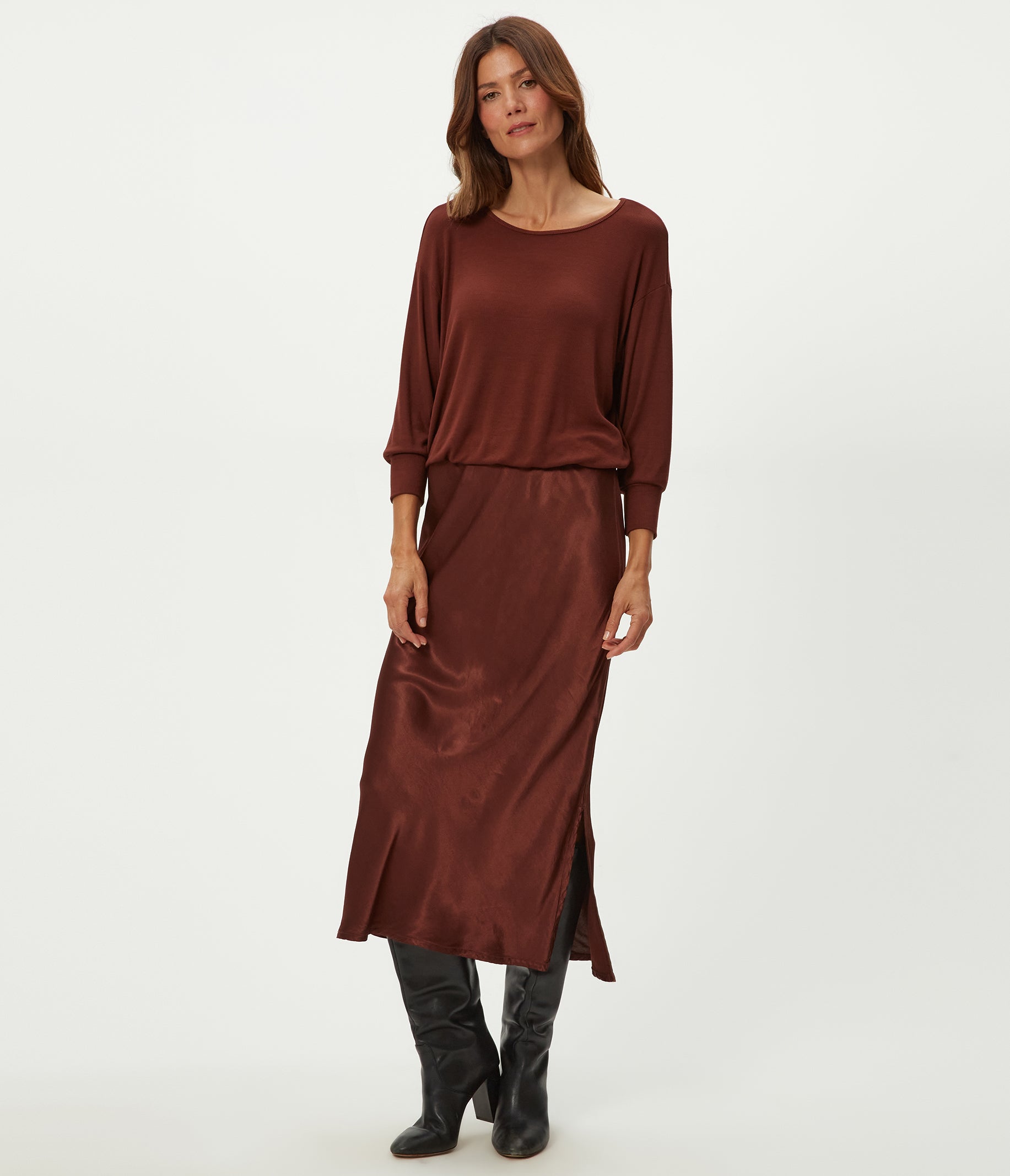 Nadia Mixed Fabric Satin Dress