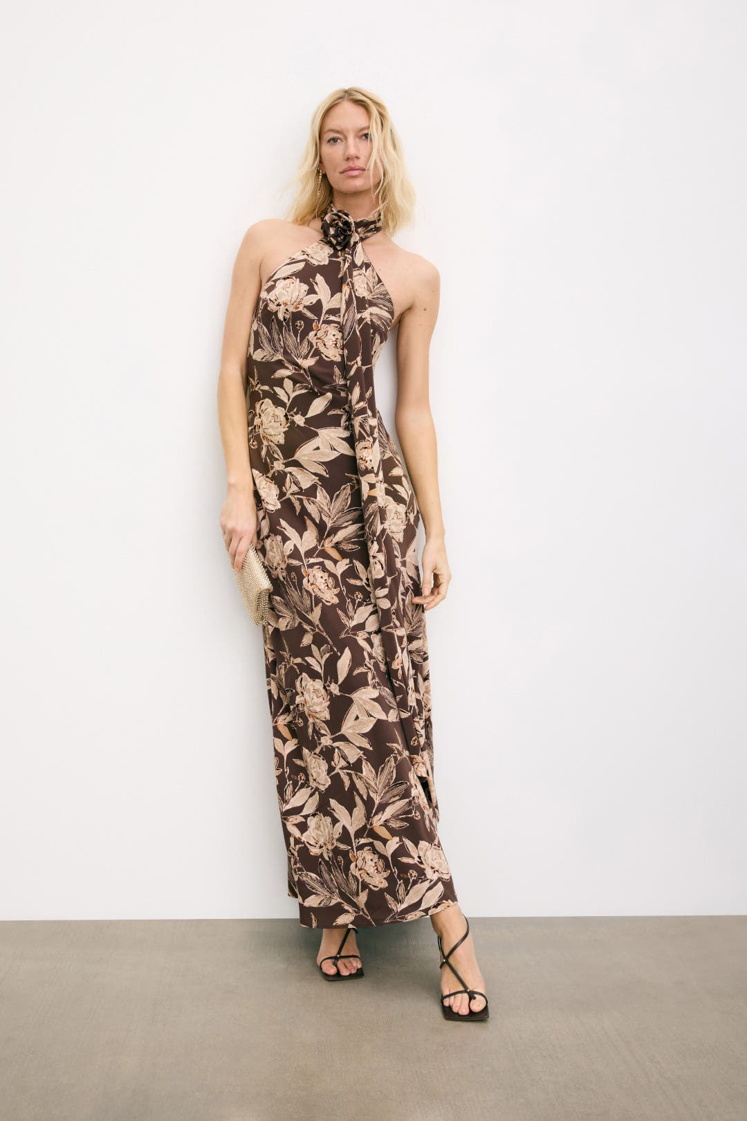 Dress The Population Olivia Rosette Sash Gown Brown-print