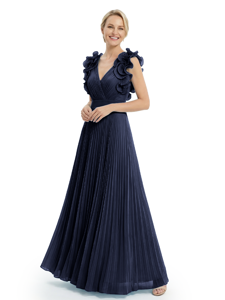 Chicsew Mother of The Groom Dresses V-Neck Sleeveless Chiffon Gown Pretty Ruffled Formal Bridal Event Dress