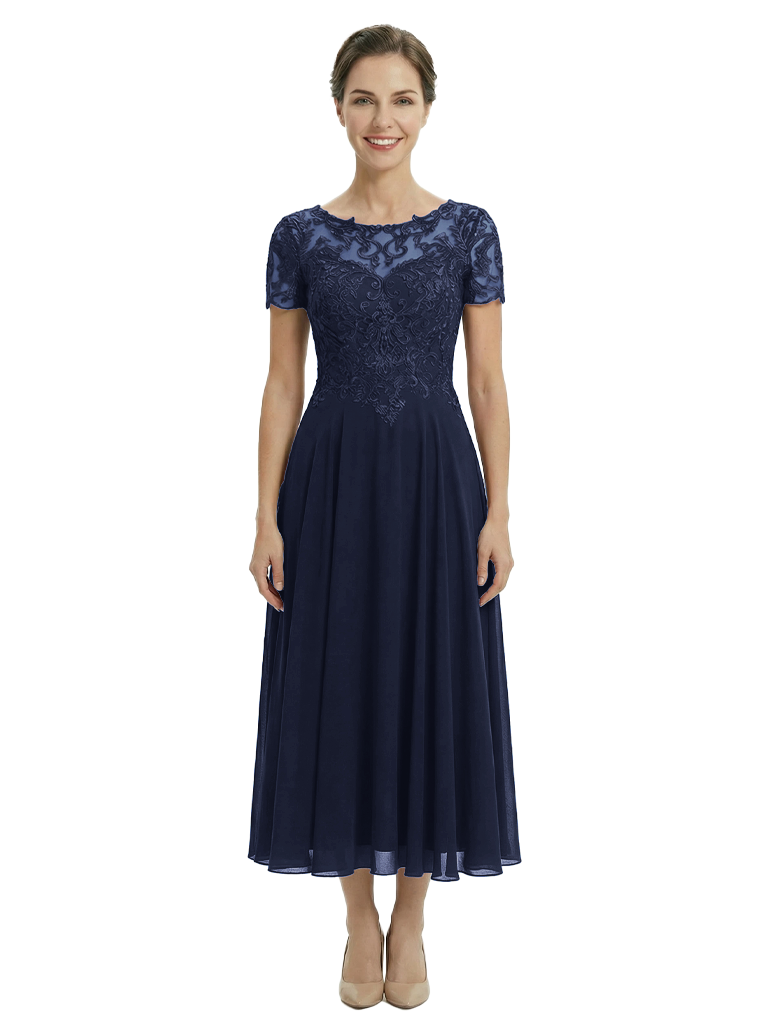 Chicsew Vintage Tea Length Short Sleeves Mother Of The Bride Dress With Lace Illusion Neck