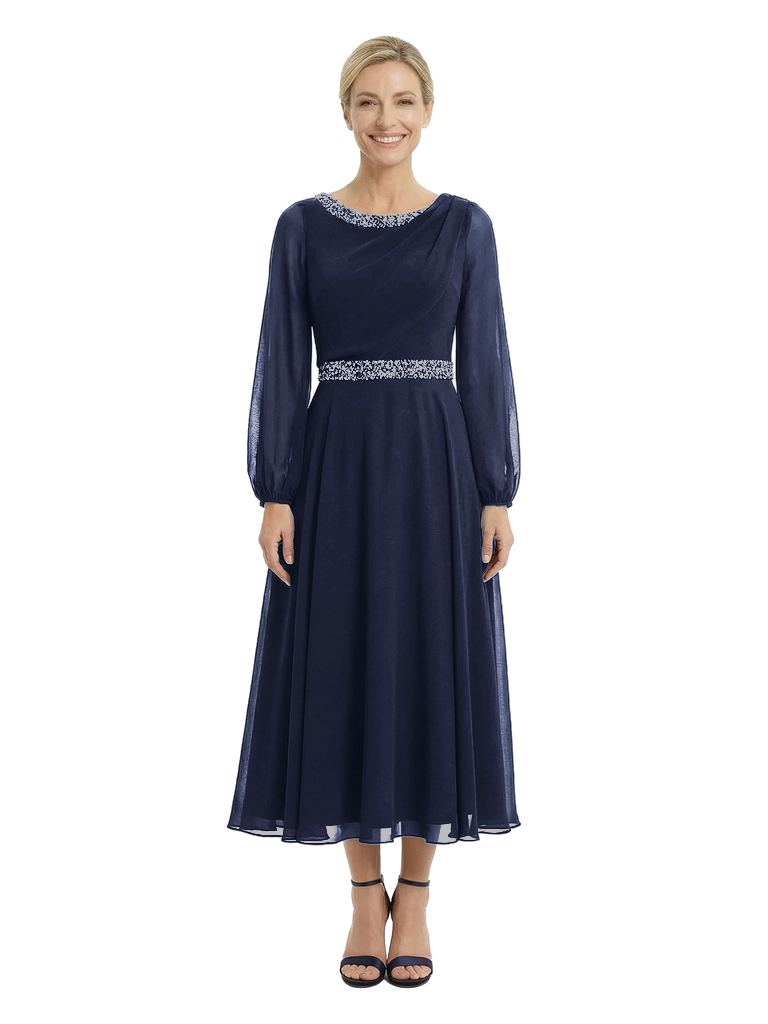 Chicsew Gorgeous Scoop Long Sleeve Chiffon Mother of The Bride Dress Midi A-Line Beaded Classy Gown