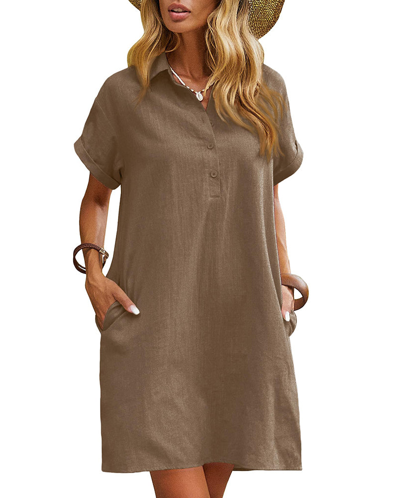 Summer Casual % Cotton Shirt Dress with Pockets