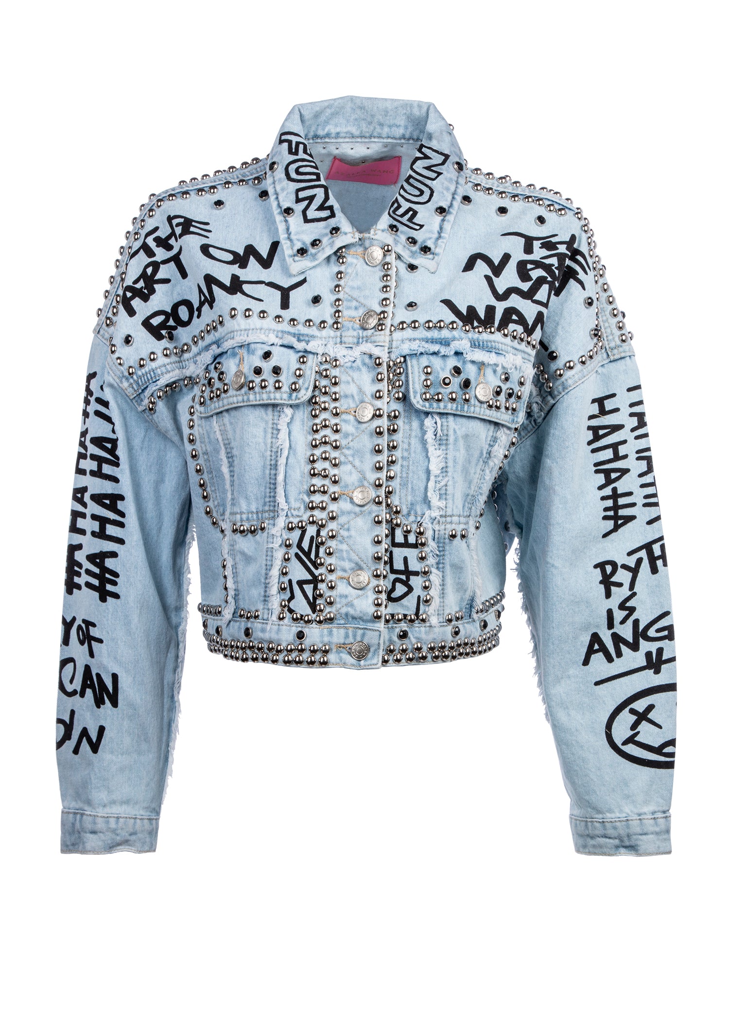 Studded Denim Jacket with Graffiti Design - M Blue