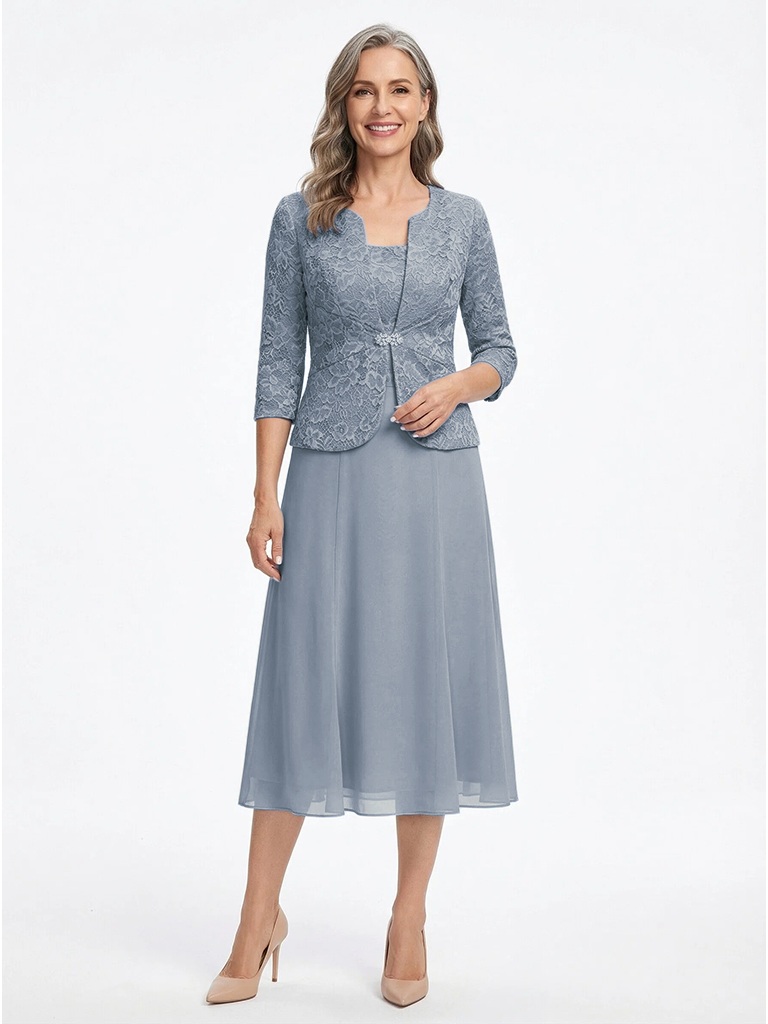 ChicSew Square Neck Lace & Chiffon Mother of The Bride Two Piece Tea-Length Dress with Sleeves Jacket
