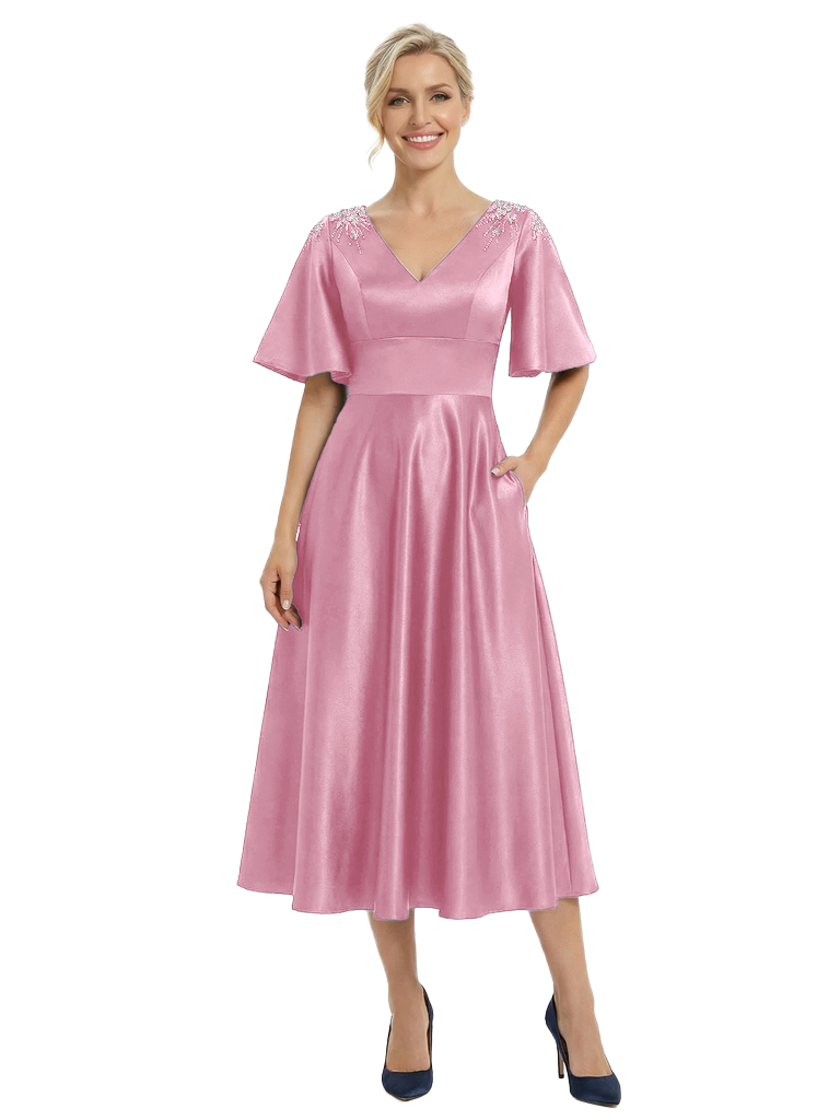 Chicsew Elegant Mother Of The Bride Dress V-Neck Short Sleeves Satin A-Line Tea-Length Gown