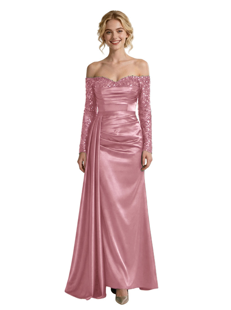 Glamorous Off The Shoulder Long Sleeve Mermaid Satin Prom Dress With Waist Drape