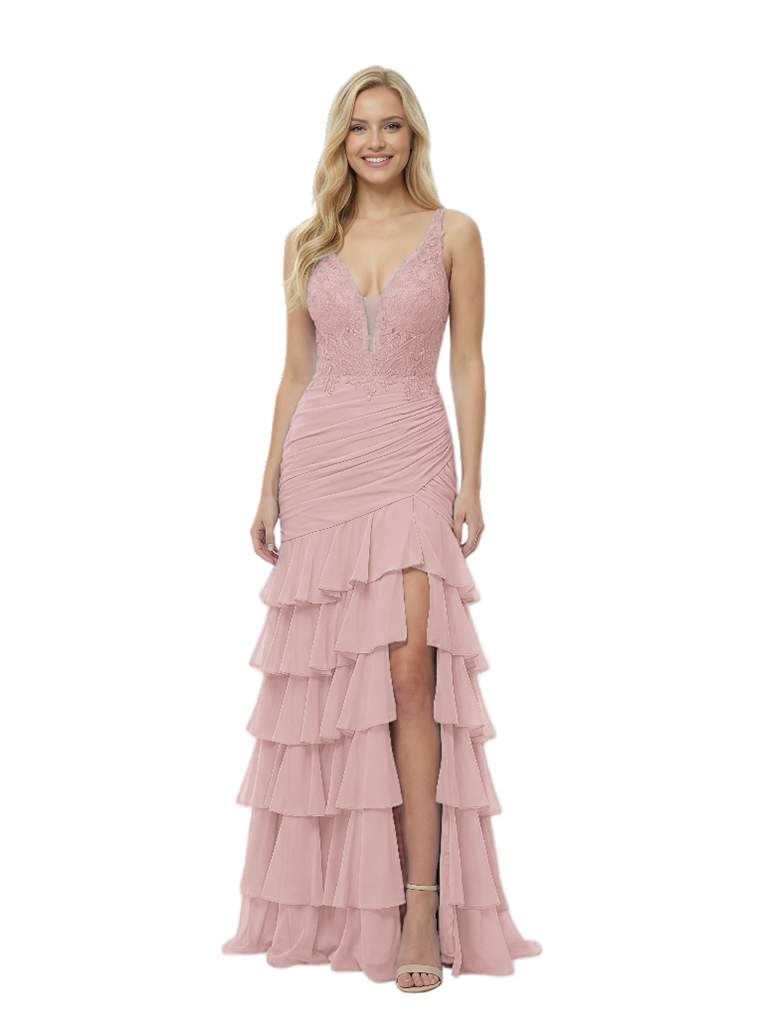Charming V-Neck Tiered Ruffles Lace Corset Mermaid Chiffon Prom Dress