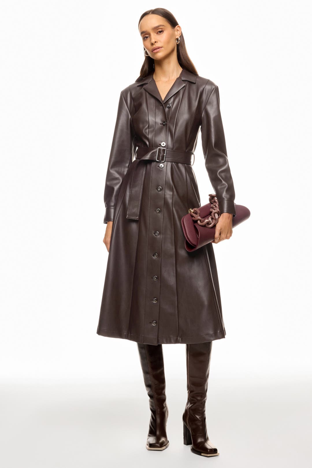 Eudon Choi x RTR Faux Leather Corset Detail Midi Dress Brown